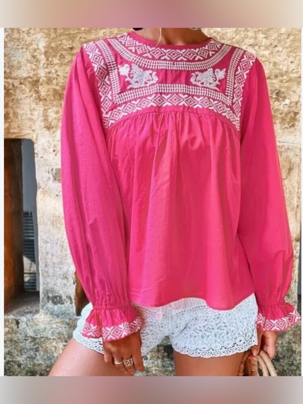 Zara Boho Embroidered Pink Peasant Blouse size S